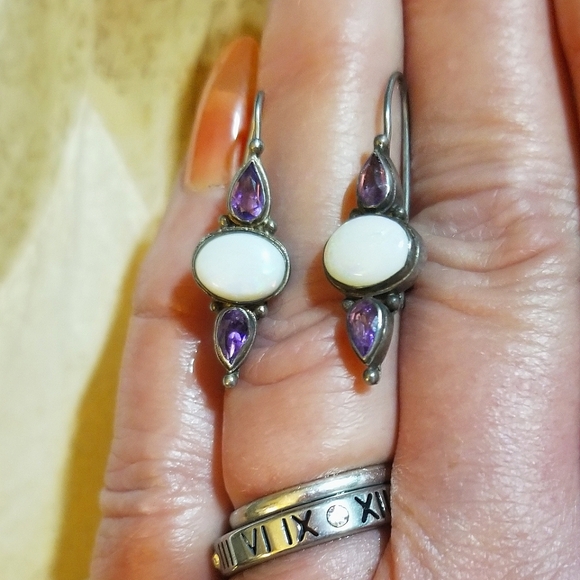 VTG designer signed Monsoon Opal Amethyst Sterling Silver Earrings - Picture 5 of 6